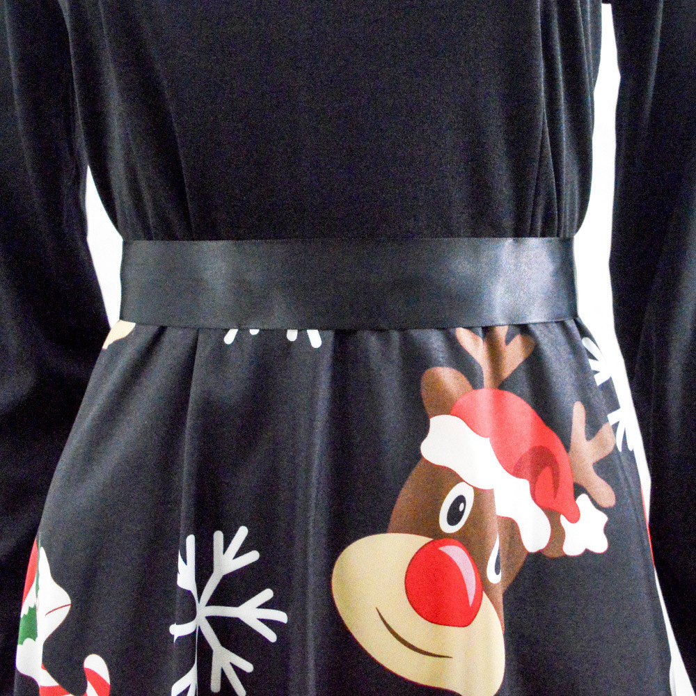 Christmas round neck printed long sleeved large swing dress