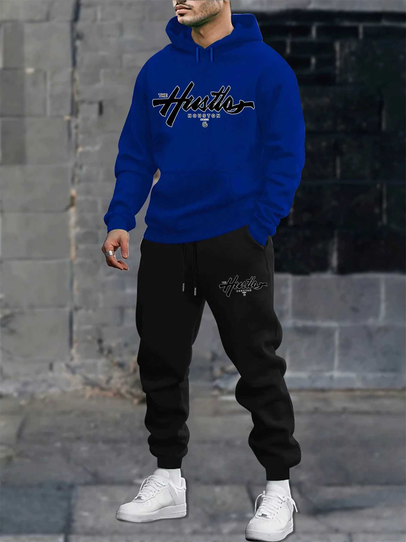 Mens autumn and winter casual fashion warm Houston letter printed loose plush thick hooded sweatshirtsweatpants set W251110