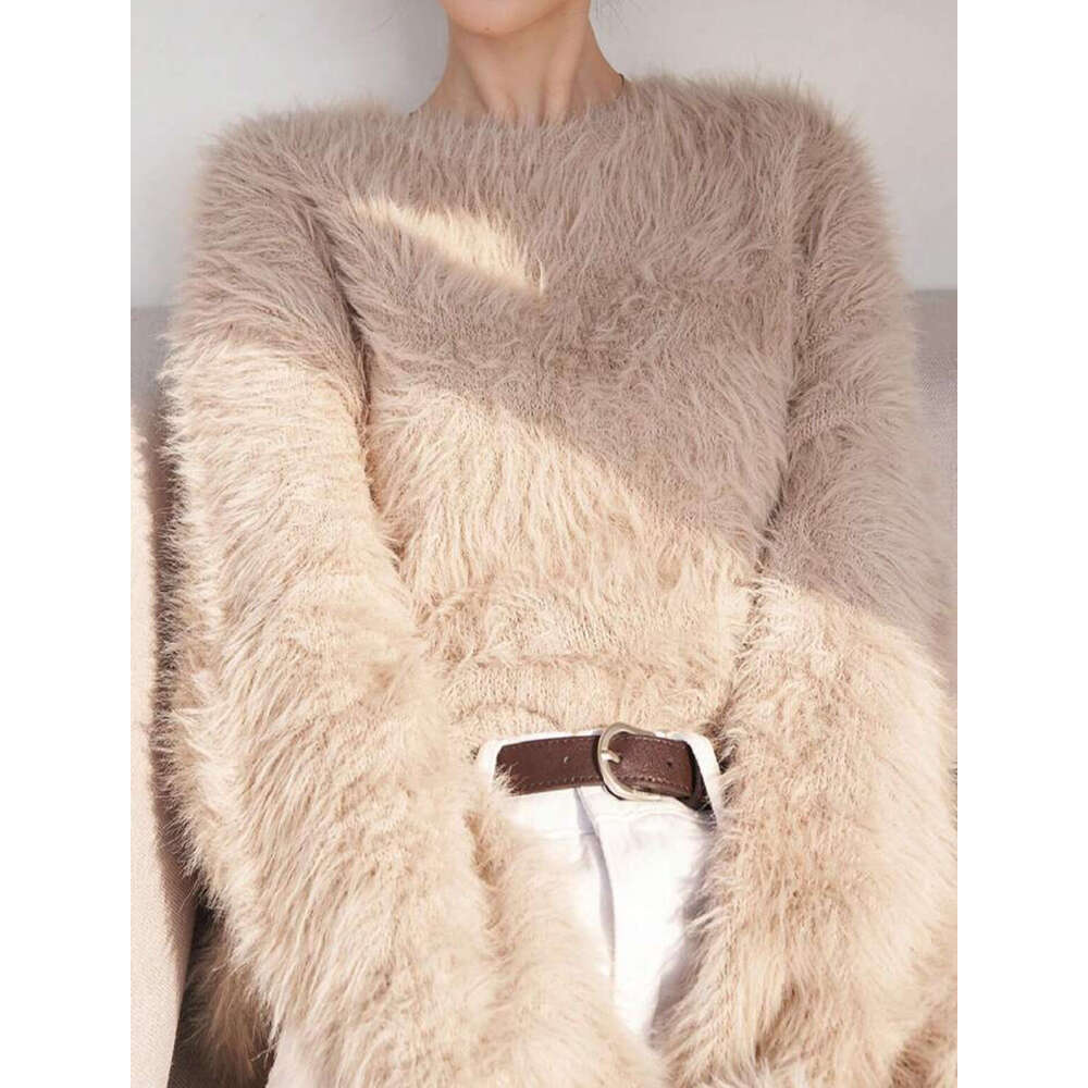 Autumn Winter Thickened Imitation Mink Velvet Women, Export Cross-Border Solid Color Versatile Round Neck Fuzzy Pullover Knitted Sweater for Women