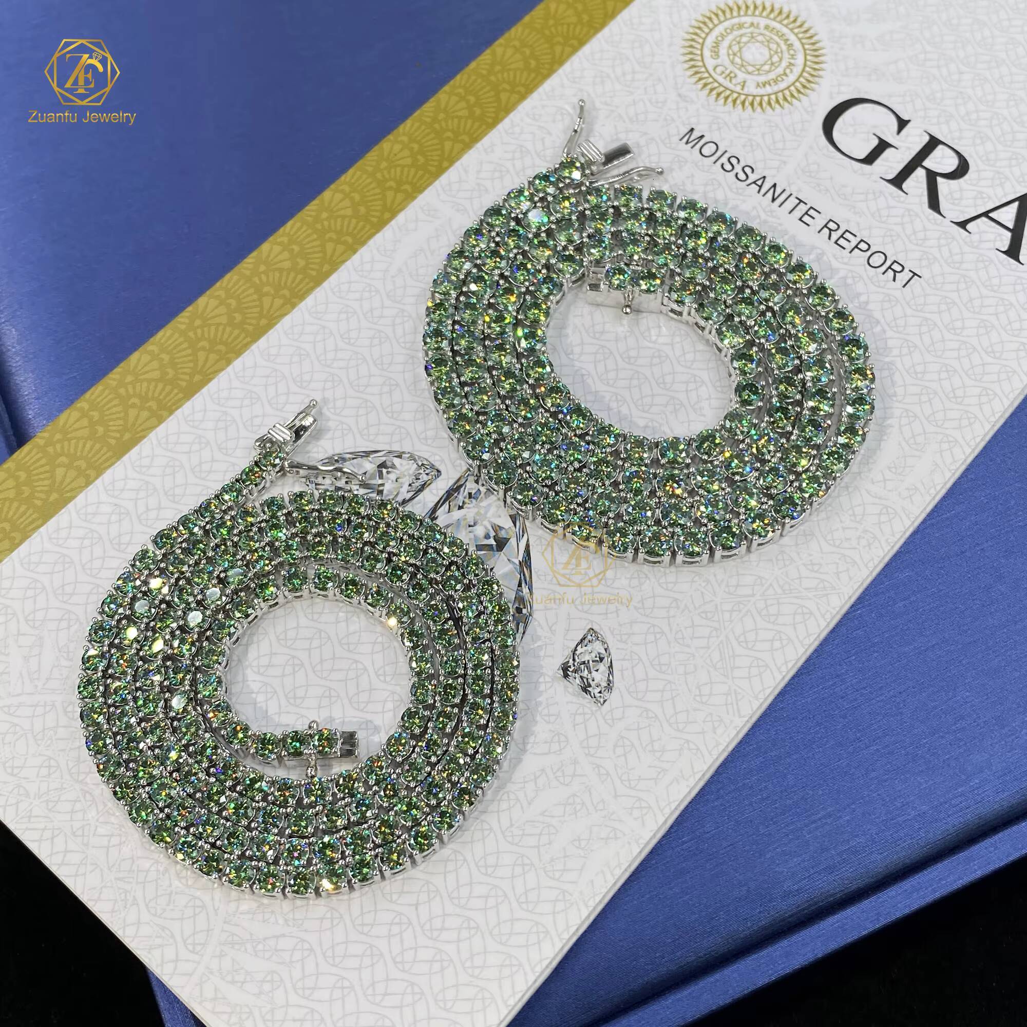 New Trendy Blue Green Tennis Link Chain 3mm 4mm 5mm Vvs Moissanite Diamond 925 Silver Ice Out Tennis Chain Necklace