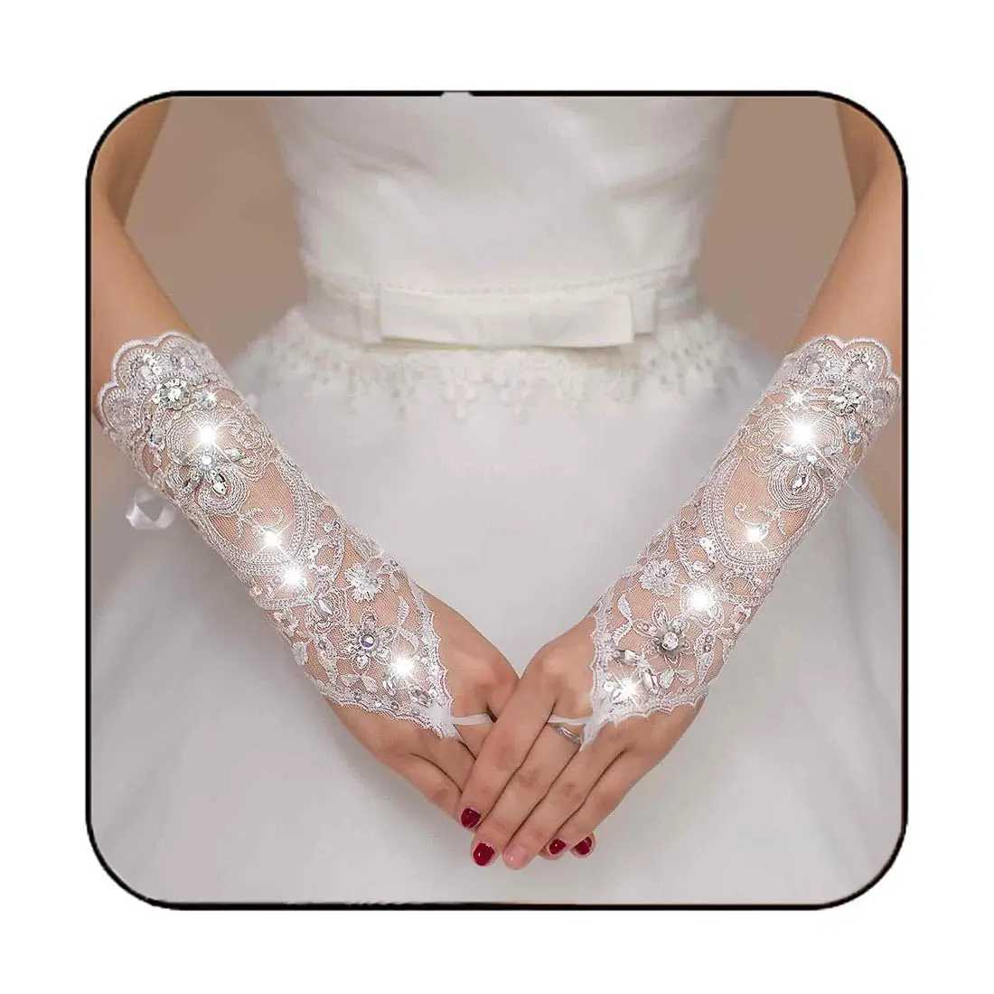 Women Wedding Lace Gloves Bridal Fingerless Gloves Crystal Sequins White Hook Finger Drawstring Gloves L251110