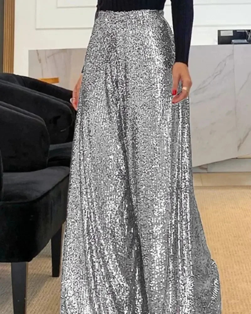 Elegant Shinny Sequin Long Pants Women Fashion High Waist Draped Loose Trousers Spring Autumn Casual Wide Legger Solid Pant 250409