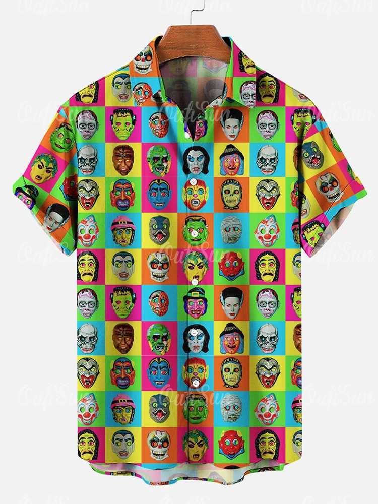Terror mens facial shirt mask plain short sleeved shirt summer casual T-shirt oversized shirt Hawaiian mens clothing X250410