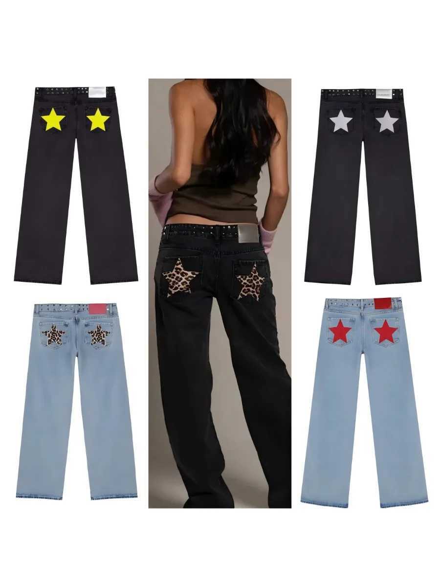 Block Y2K Hot Leopard Print Five-pointed Star Striped Rivet Exterior Decoration Jeans Straight-leg Pants Trendy Womens Clothing C251110
