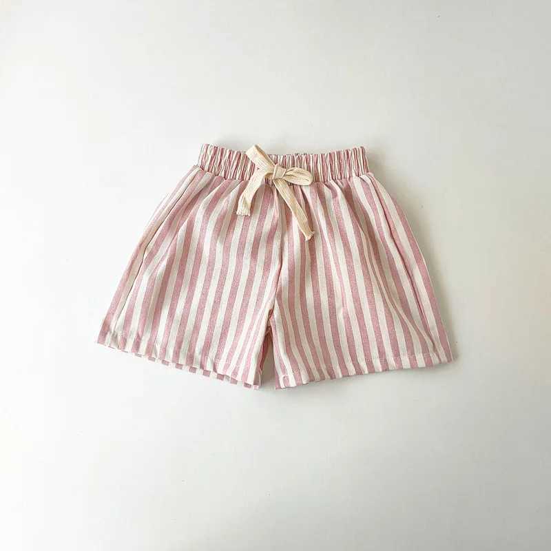 Retro linen cotton striped shorts suitable for boys summer toddlers children girls half pants casual childrens clothing Z250410