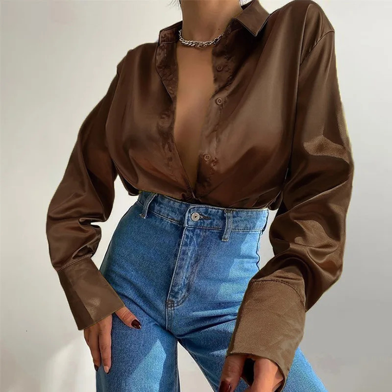 Satin shirt womens polo neck office womens shirt retro blue green silk shirt loose button up and down shirt black fashionable top 250409