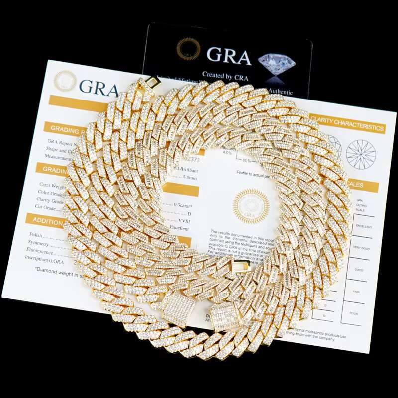 18k Gold Necklace 9mm-13mm 925 Sterling Silver Iced Out Iced Out Cuban Bagutte Vvs Moissanite Diamond Silver Cuban Link Chain