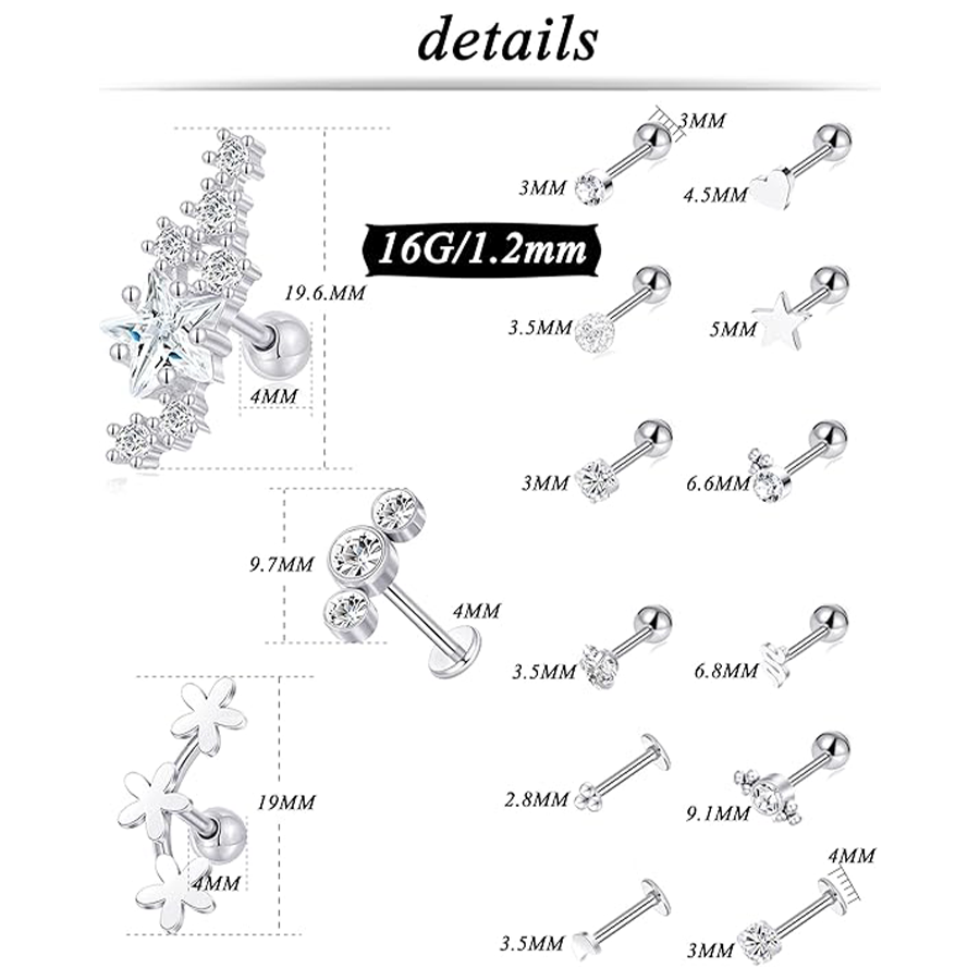 30Pcs Cartilage CZ Stud Earrings Conch Forward Helix Tragus Daith Piercing Lip Rings Heart Butterfly Jewelry for Women Men 16G Silver Tone