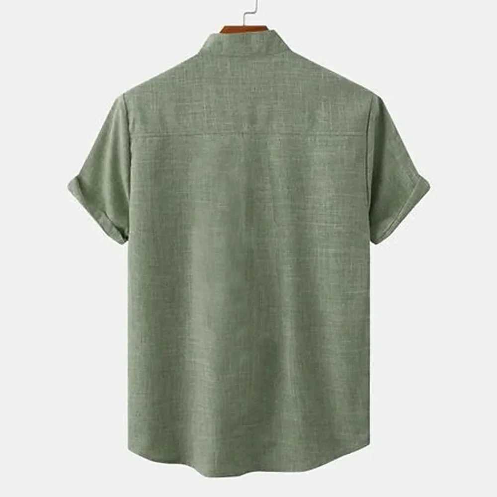 Summer new mens solid color hemp rope short sleeved lapel shirt casual plus size mens dress X250410