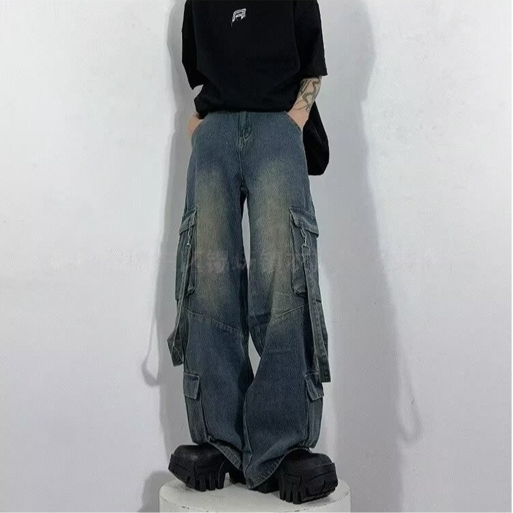 designer Men's Jeans Baggy Black Cargo Pants Women Wide Leg Casual High Street joggers American Style Streetwear Drawstring Trousers