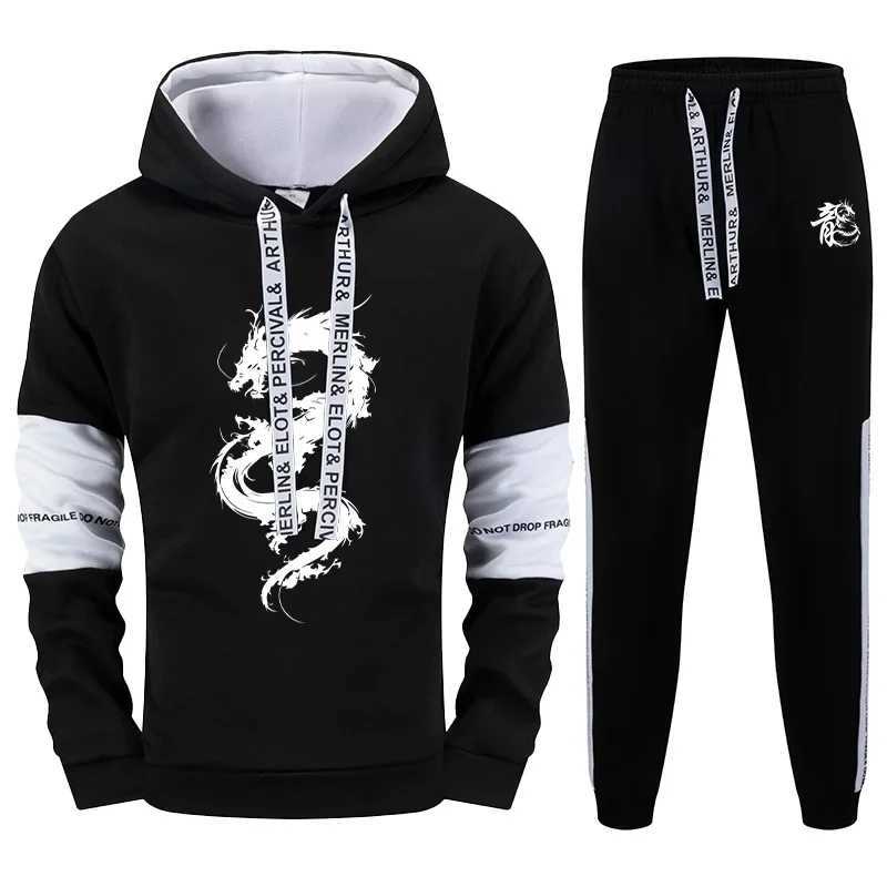 2025 New Arrival Mens Tracksuit 2 Piece Set Chinese Dragon Print Hoodie Sweatpants Fall Winter Daily Casual Sporty Jogging Suit W251110