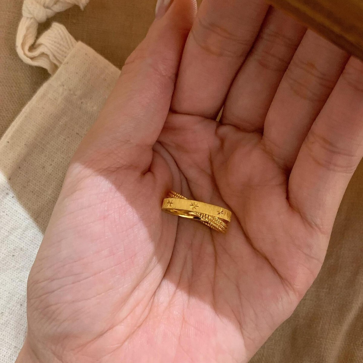 S925 Sterling Silver Designer Ring Mercury Note Small Double Ring Brushed Gold Bead Women's Starlight Ring Retro Style Retro Fashion Ring