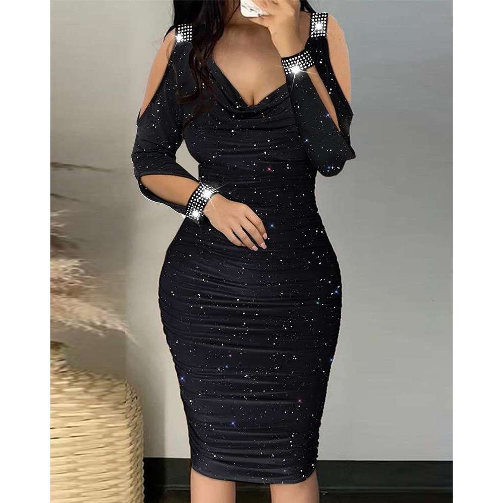 2025 Foreign Trade Women's Fashion Elegant Slim Fit Gathered Rhinestone Bodycon Tight V-neck Night club maxi dress SEXY DRESSES FOR WOMEN