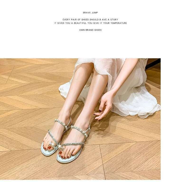 Woman Sandals Fairy Style In Summer New Water Diamond Pearl Toe Sandals Flat Shoes With A Single Strap Roman Sandals For Women