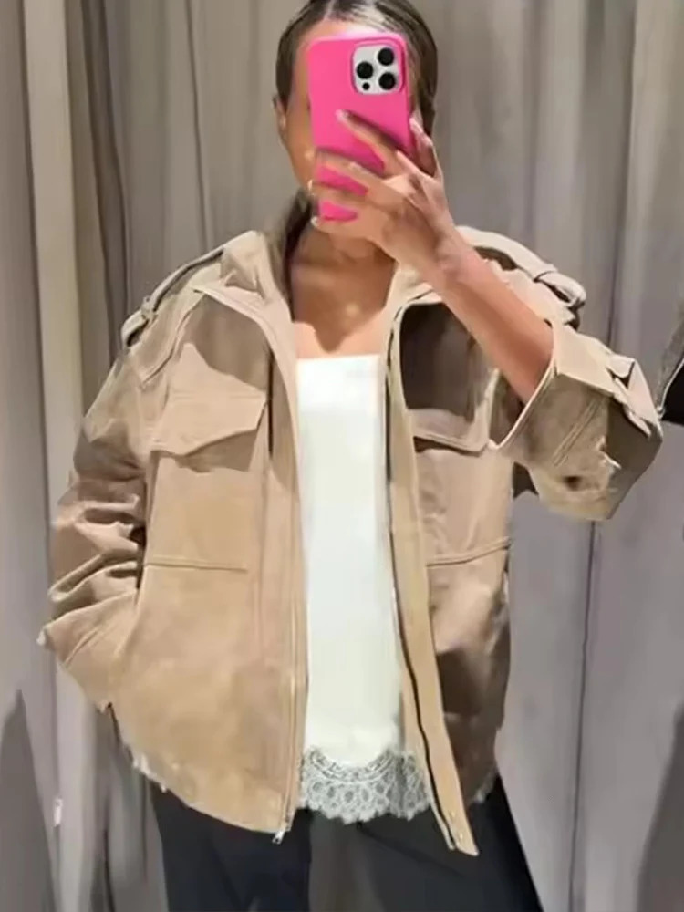 Women Suede Jacket Spring Fashion Long Sleeve Zipper Loose Coat Chic Female High Street Outerwear 251110