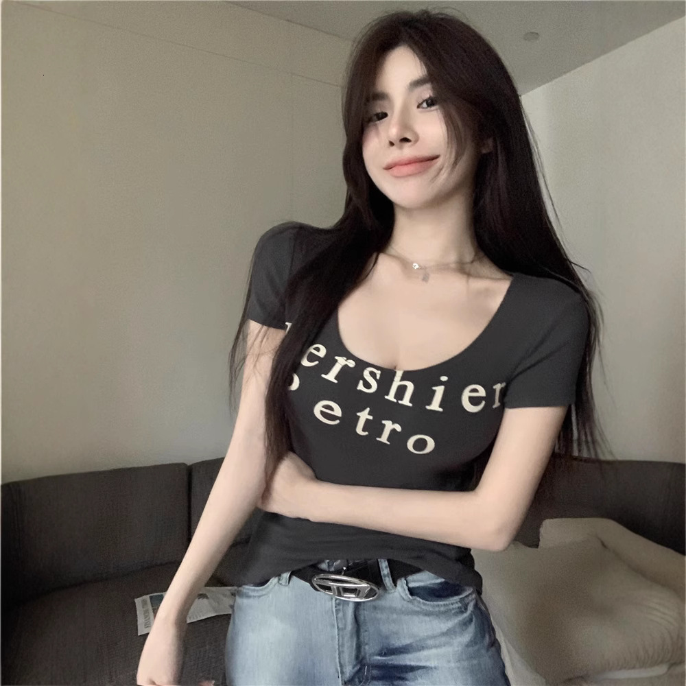 2025S Designer Women S T Shirt Letter Printed U Shaped Collar Sleeved T Shirt For Women In Summer Pure Desire Style Shoulder Length Short Base Top
