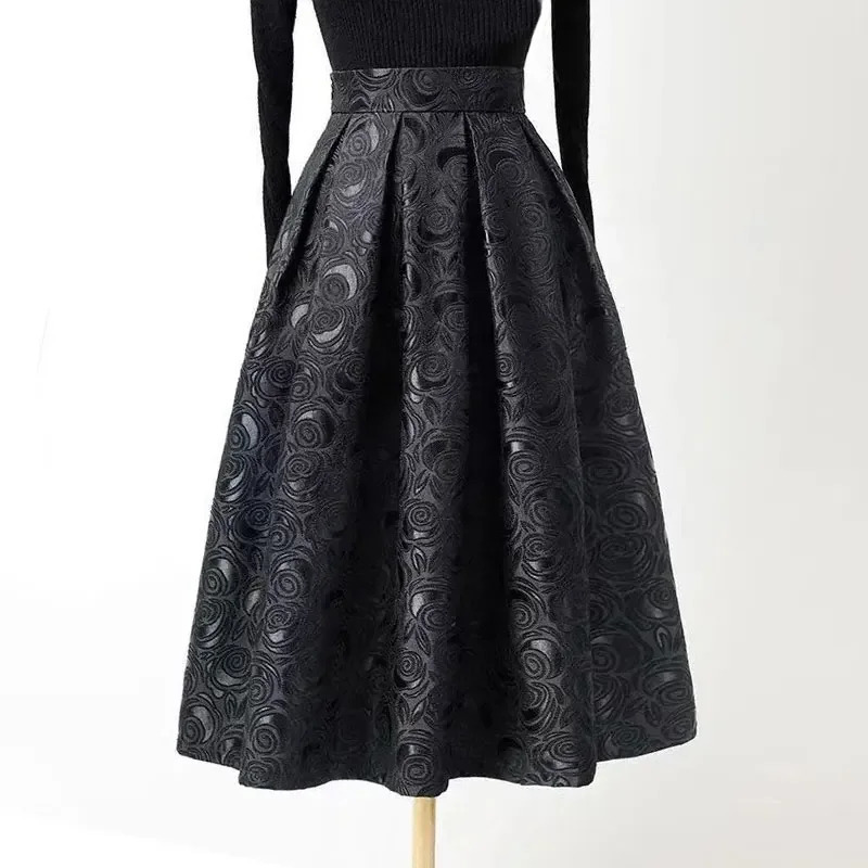 Black Rose Flower Retro Elegant High Waist Ball Dress Loose Womens Skiing Knee Long Sleeve Fashion Clothing 250410