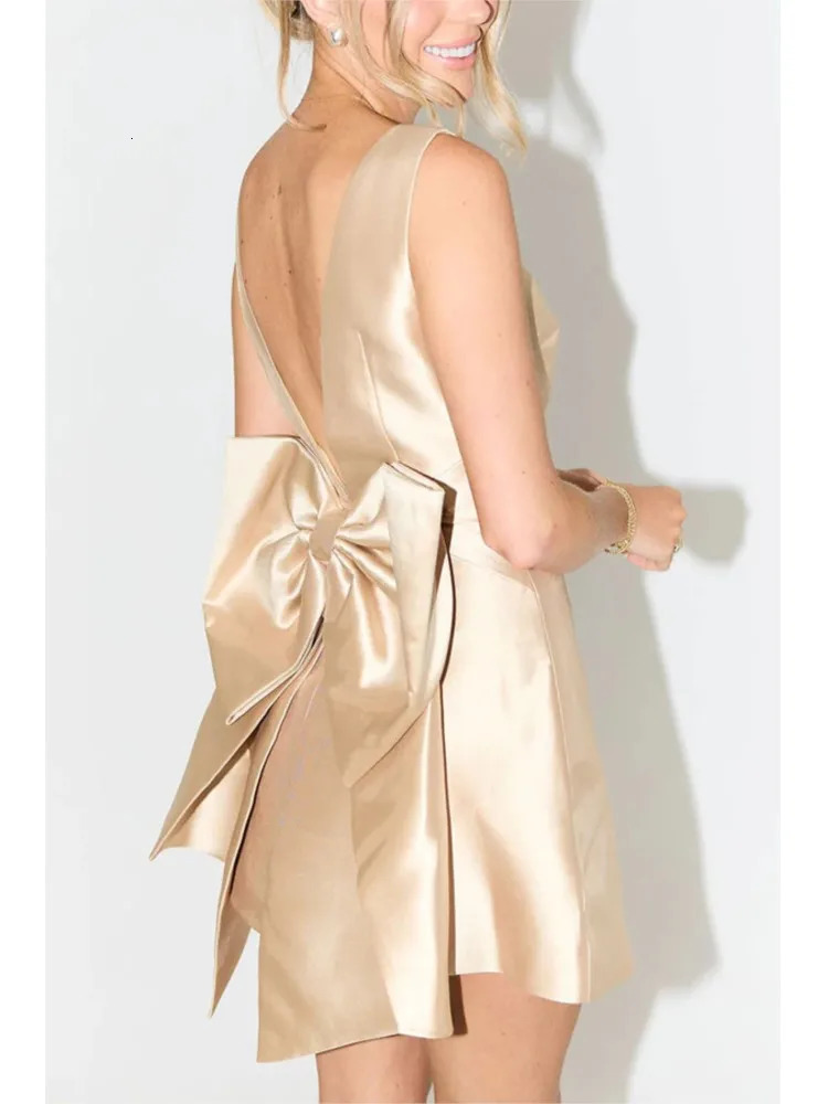 Womens backless sexy mini dress summer style satin square neckline sleeveless bow high waisted sweet party dance evening dress 250403
