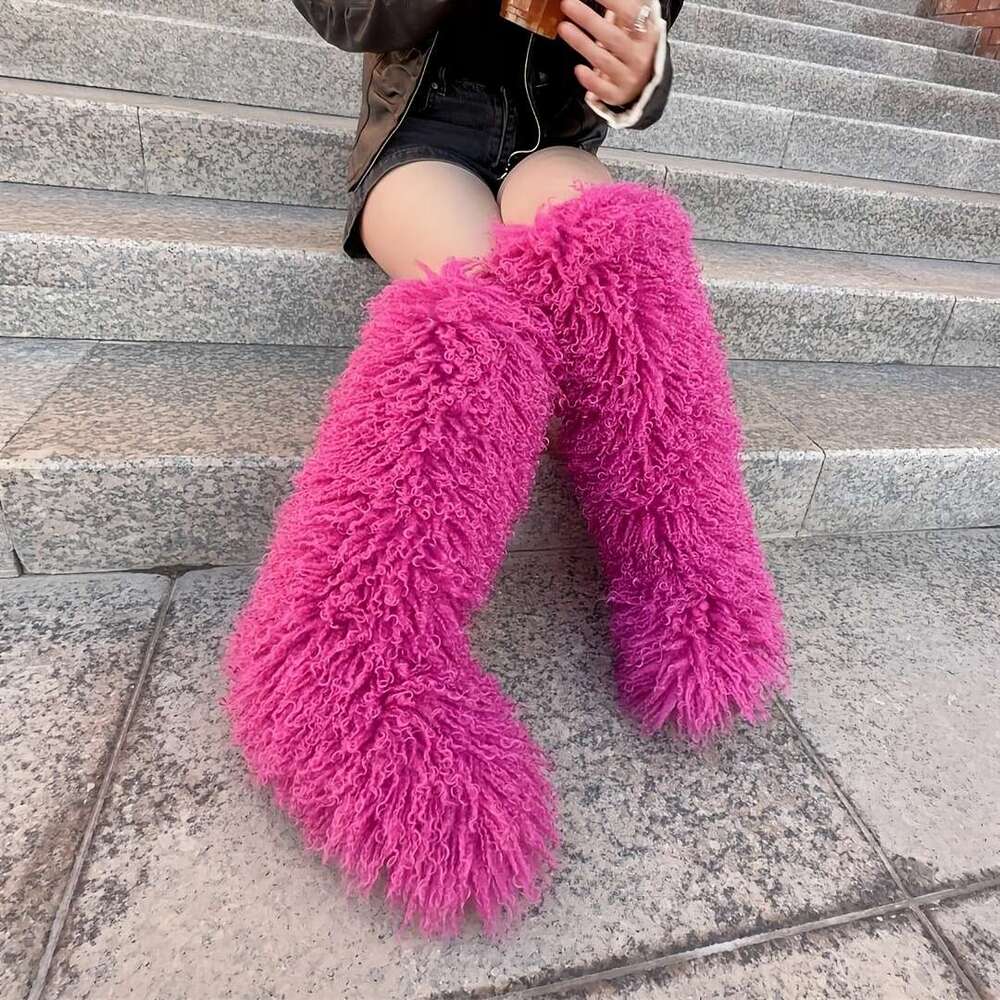 Women's Y2k Knee-Length Fluffy Snow Boots - Cozy Brown Faux Fur With Rubber Sole, Warm Winter Footwear For Outdoor Use, Cute And Stylish Desig