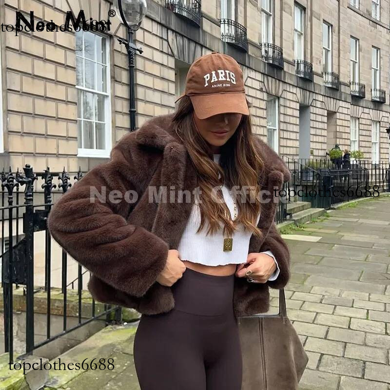 Neo Mint Cool Street Girls Fashion Brown Faux Jacket Women Luxury Fake Mink Fur Coat 2025 Autumn Winter Warm Short Overcoat