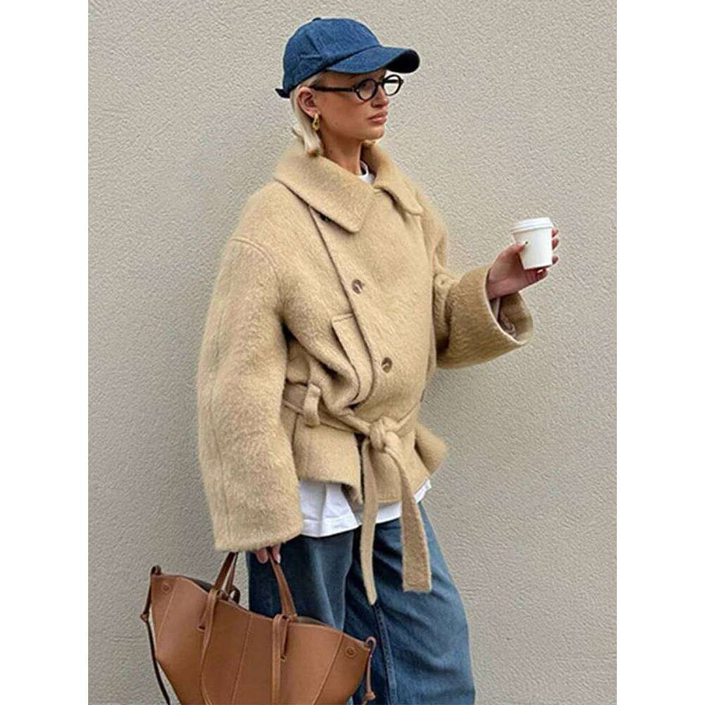 2025 Retro Side Buttons Plush Short Coat Women Elegant Solid Lapel Tweed Coats With Belt Lady Winter Chic Classic Street Outwear
