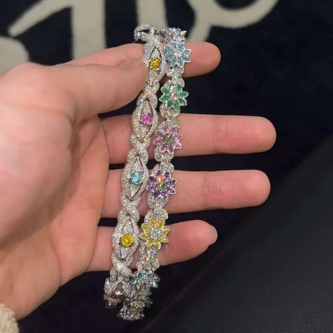 New Arrival Men Women Jewelry 925 Sterling Silver VVS Moissanite Diamond Iced Out Flower Evil Eye Cuban Bracelet