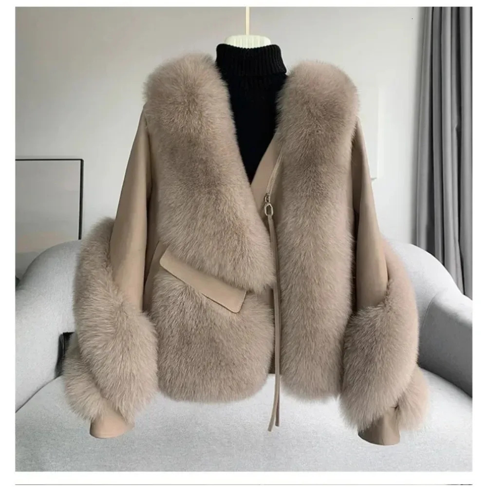OFTBUY Women Fox Fur Coat Autumn Winter AllinOne Spliced Sheepskin Motorcycle Thickened Warm 251110