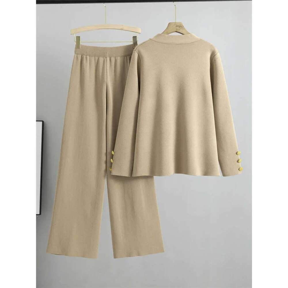Fall Winter Women's Knit Sweater Sets Large Gold Button V-Neck Cardigan Coats Conjunto High Waist Baggy 95Cm Wide Leg Pants Suit