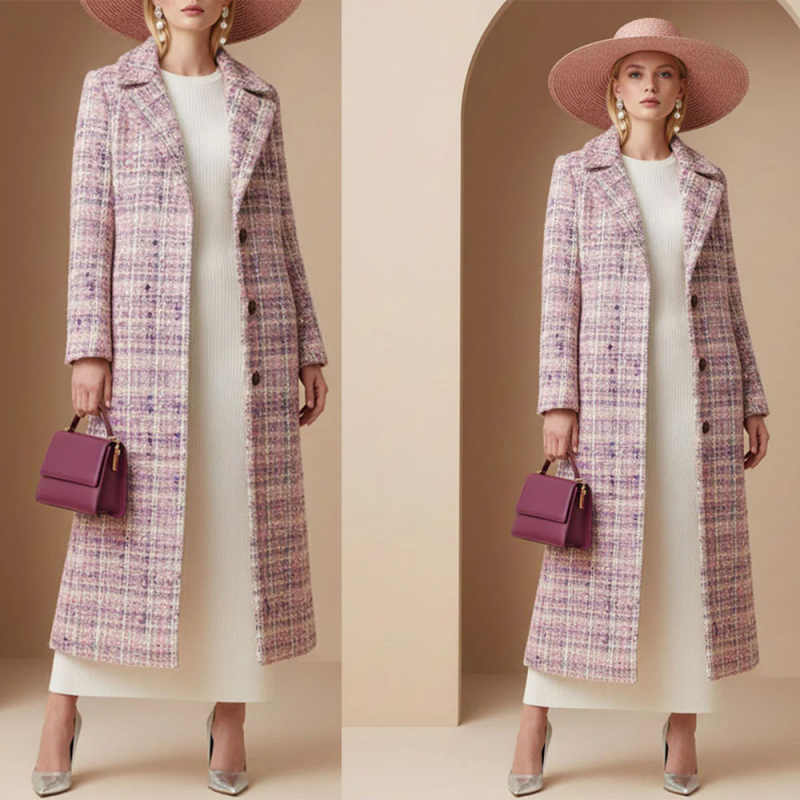 Elegant Plaid Women Woolen Overcoat Single Breasted Autumn Winter Outdoors Occasion Warm Custom Made