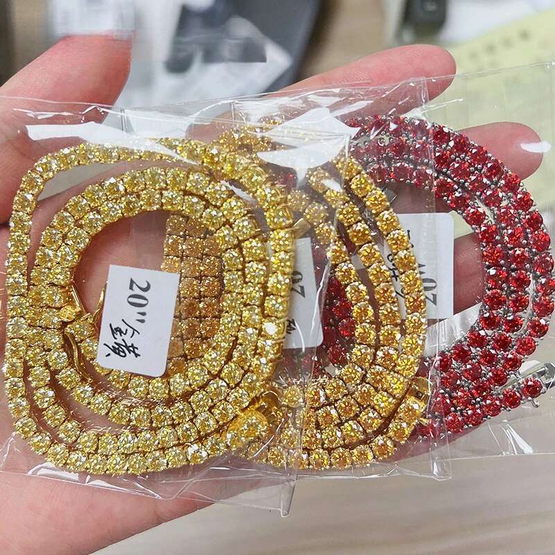Hiphop 3-4mm Golden Yellow Tennis Chain Bracelet S Sier Blue Moissanite Dia k Necklace Gift