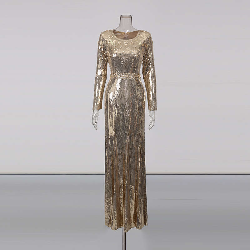 Celebrity Style gold Sequin Patchwork Evening Gown Long 2025 Autumn Winter New Women's Waist-Cinching Night club maxi dress SEXY DRESSES FOR WOME