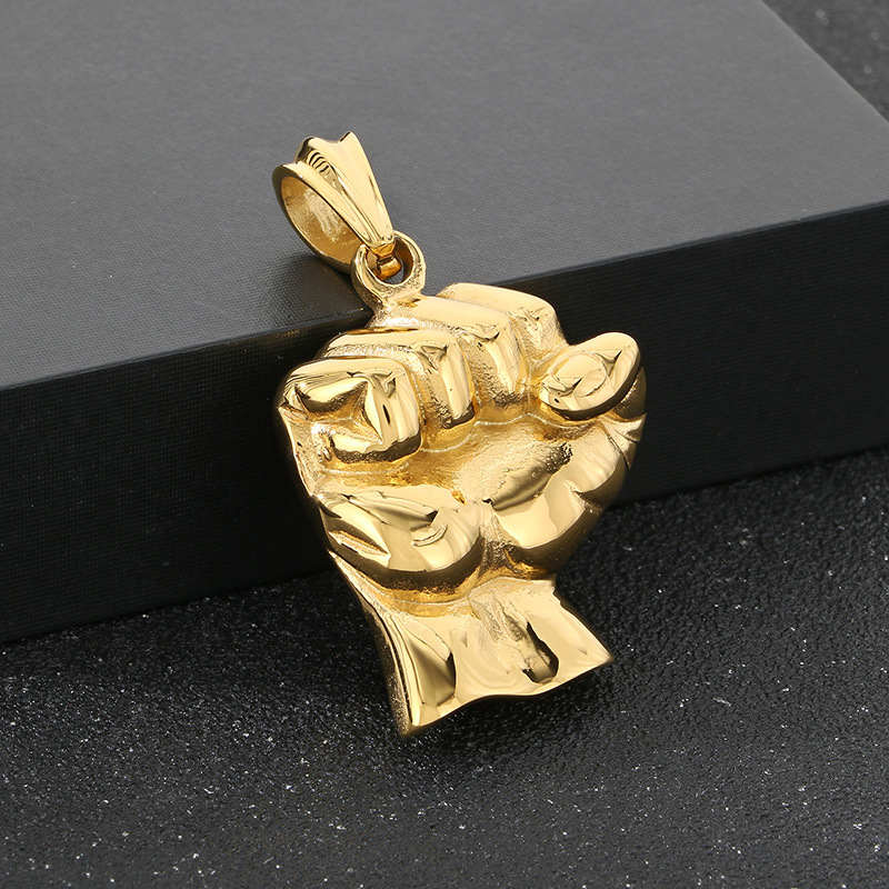 Retro Fitness Fist Pendant Necklace Stainless Steel Gold Plated Mens SportsJewelry