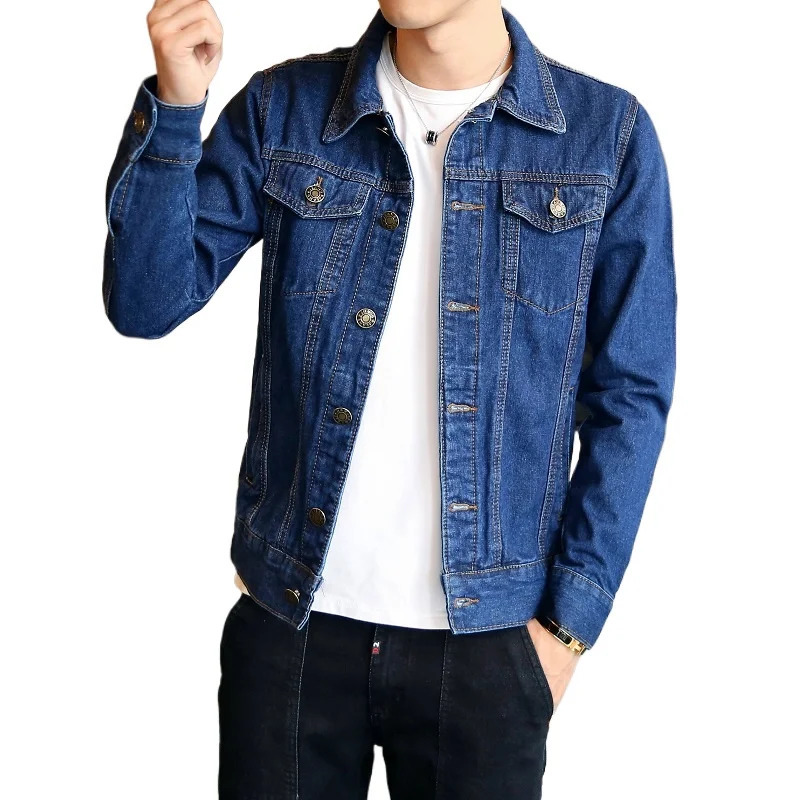 Black mens denim jacket singlelayer lapel fashionable casual top available in dark blue and light M5XL 250401