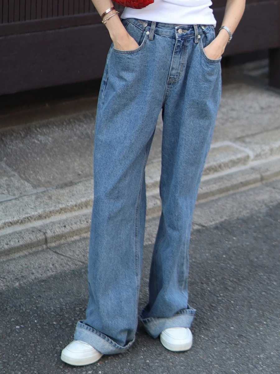 Blubelle Womens New 2025 Autumn Trendy Wide Leg Jeans Loose Straight Leg Floor Length Retro Cotton Jeans C251110