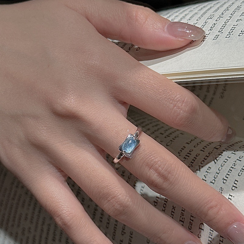 S925 Sterling Silver Korean Version Niche Fashion Ring Design Aquamarine Simple Basic Ring Designer Ring Korean Style Fashionable Ring Wholesale