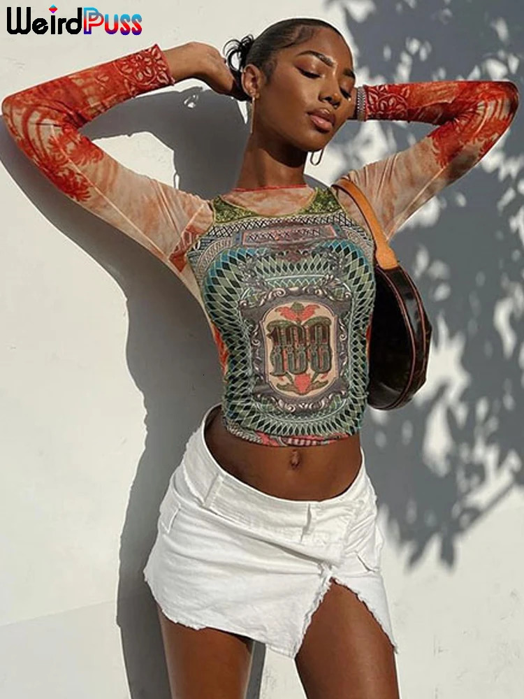 Weird Puss Dollar Print Womens Long sleeved Crop Top Y2K Fashion ONeck Wild Mesh Sexy Fall Slim Hipster Streetwear Gorgeous Tees 250407