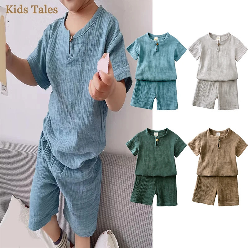 Spring/Summer Childrens and Girls Clothing Set Childrens Clothing Set Baby Boys Cotton Linen Pure Cotton Short sleeved TopPants Set 250409