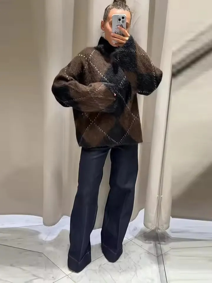 Brown Vintage Argyle Plaid Knitted Dress Sets Women Causal Turtleneck Loose Sweater Knit Mini Skirts Set Winter Knitwear 251110