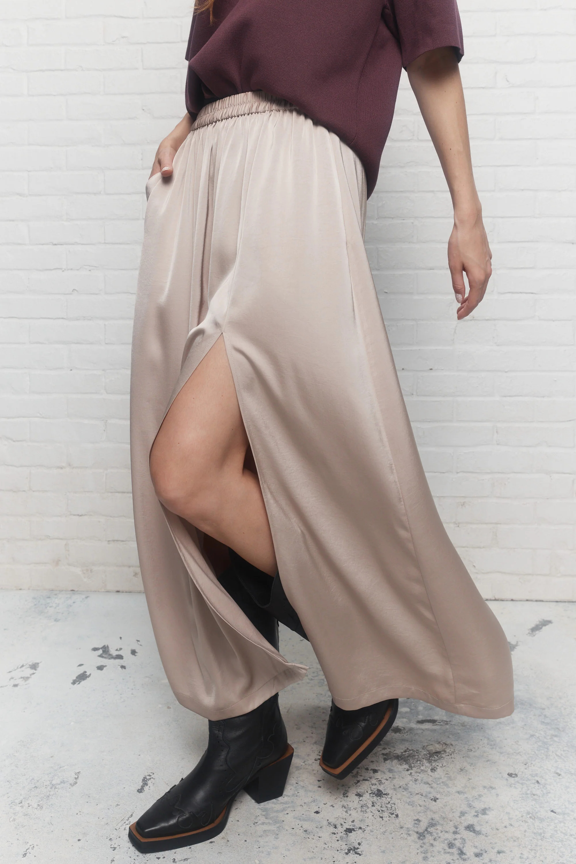 Women's Beige Satin Maxi Skirt, Elastic Waist Side Slit with Pockets Ankle-Length Skirt