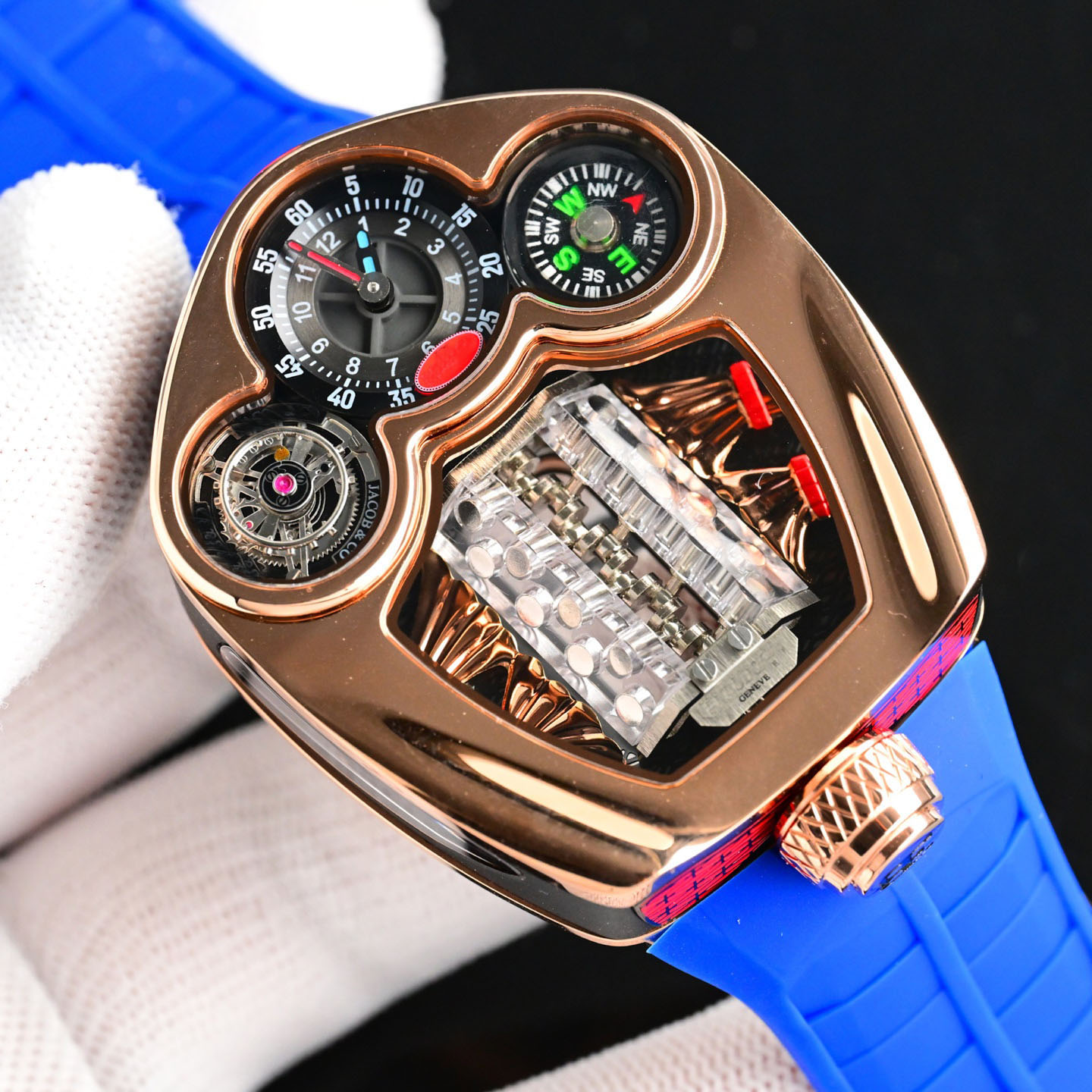 J&C Mens Watch Bugatti tourbillon V16 Roadster Watches VK Quartz Movement Sapphire Crystal Rose Gold Stainless Steel Luxury Wristwatch Waterproof Rubber Strap
