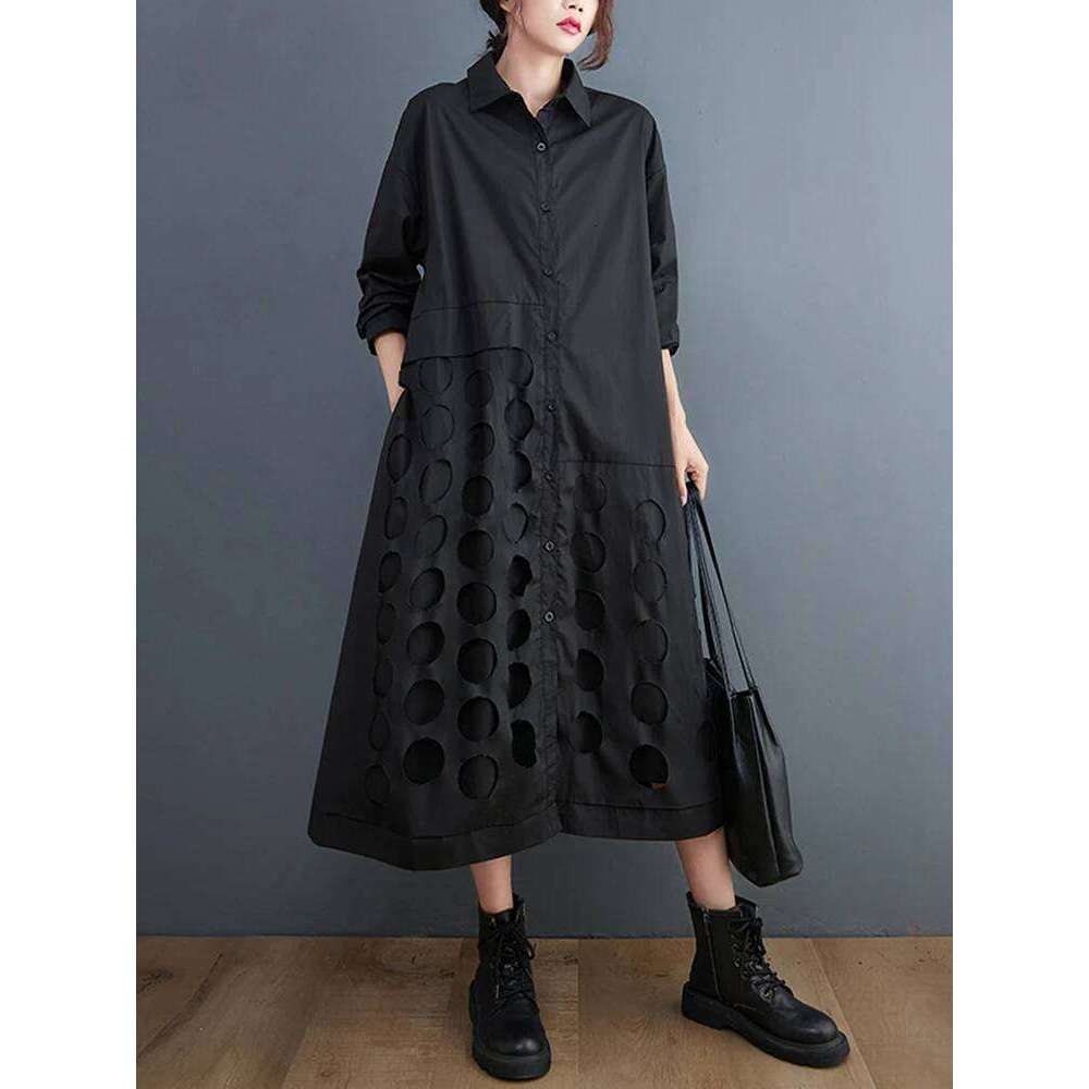 Green Vintage Hollow Out Shirt Dresses For Women New Long Sleeve Loose Casual Dress Elegant Clothing Fashion Spring Autumn 2025