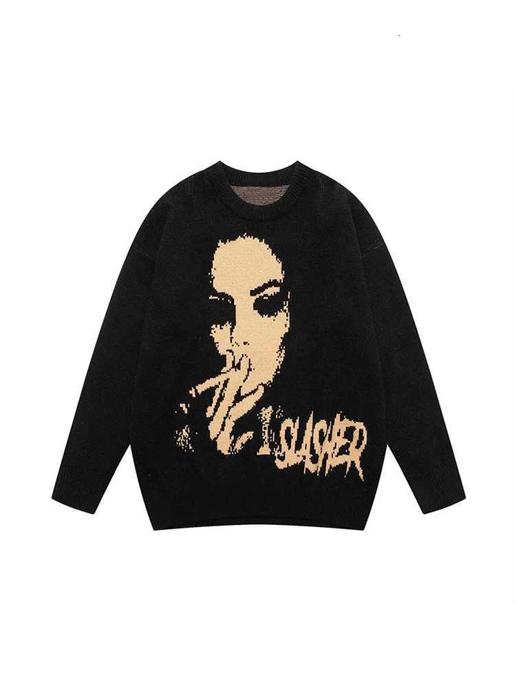 Fashion Vintage Knitted Sweater Aesthetics Harajuku Autumn Knitted Women Oversized Sweater Streetwear Portrait Print Pullover y2k Y251110
