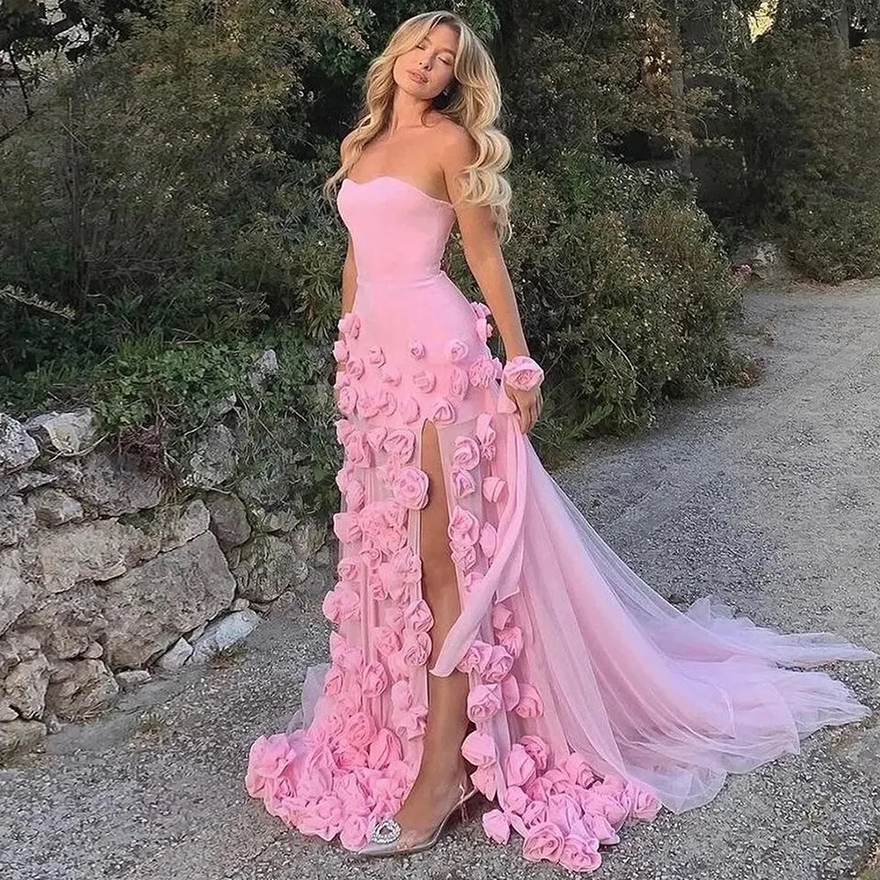 Hand Made Flowers Pink Evening Dresses Side Slit Sexy Sleeveless Long Mermaid Prom Dress Sweetheart Neck Chic Engagement Dress For Women 2025