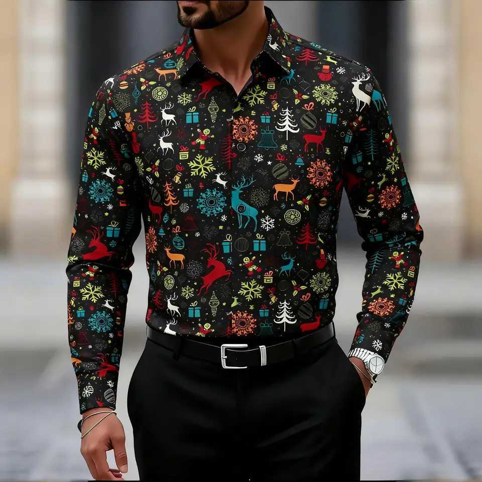 2025 Christmas Mens Christmas Reindeer Holiday Funny Long Sve Shirt Button Up Shirt Funny Outdoor Holiday Turndown shirts Q251110