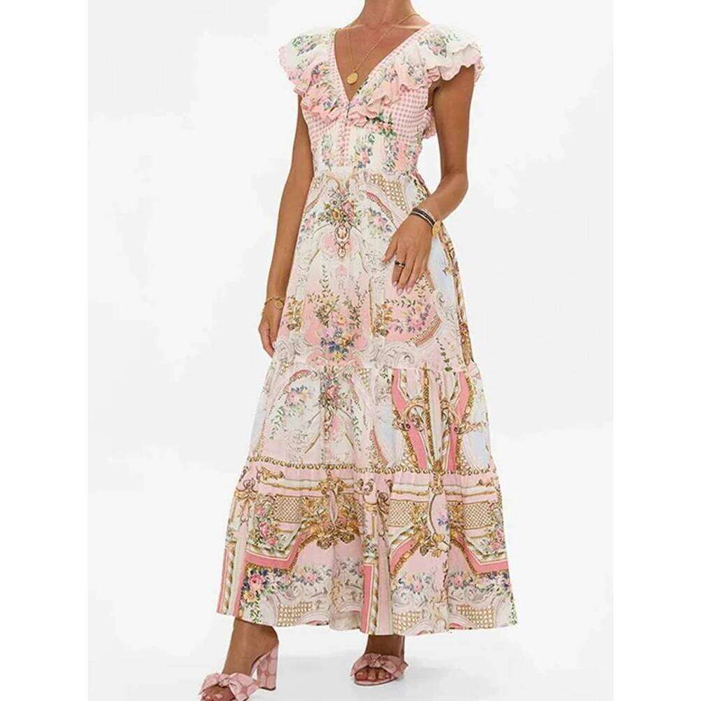 Retro Bohemian V-Neck Back Strap Sexy Long Skirt 2025 Summer Women's New Print Design Seaside Holiday Big Swing High Waist Dress