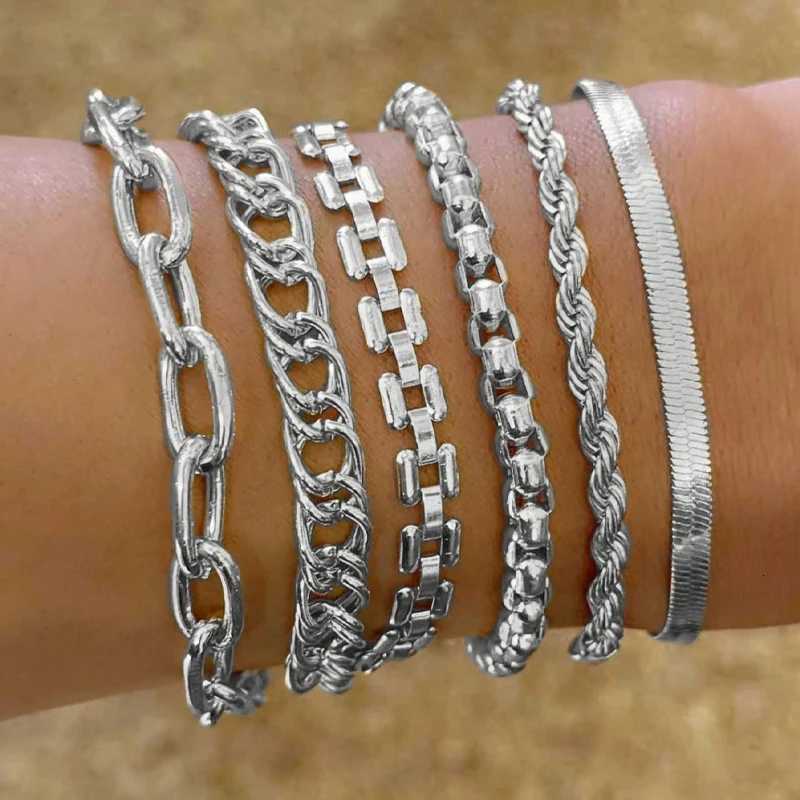 6pcs Simple Punk Chunky Chain Bracelet Set for Women Retro Metal Twisted Designs Multi Layered Bracelets Daily Wear Jewelry GiftT251110