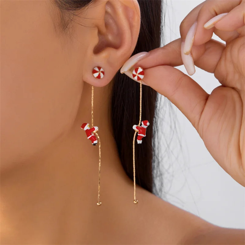 Fashion Christmas Asymmetric Tassel Earrings for Women Crawling Santa Claus Snowflake Elk Bell Pendant Long Chain Jewelry Gift 251031