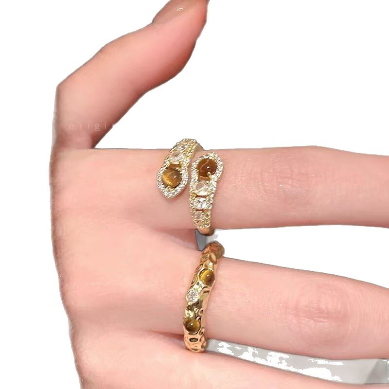 Milad Snake-shaped Tiger Eye Stone Alloy Ring For Women Unique Designer Ring Design Retro High-end Light Luxury Fashion Ring Adjustable Index Finger R