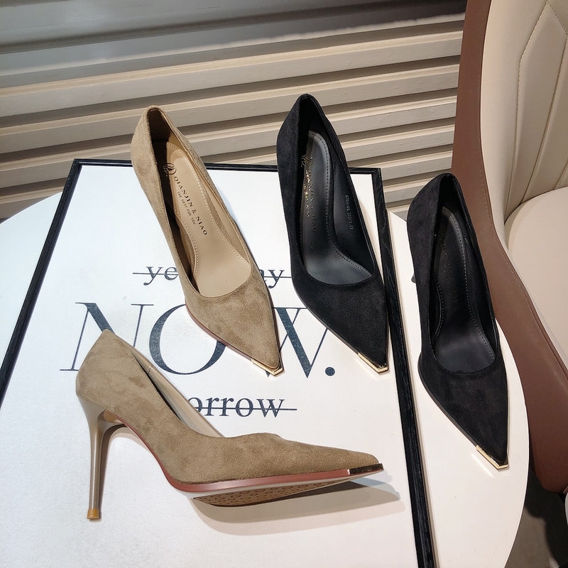 Fashion high heels women 2025 new fine with temperament socialite suede shallow mouth pointed single shoe commuting work shoes