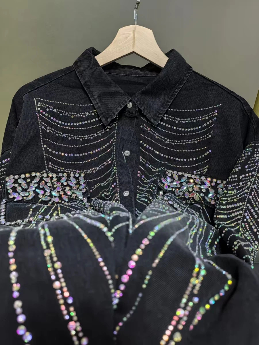 autumn sparkling striped diamond medium length black denim jacket for womens fashion trend jacket jeans jacket for womens clothing 250409